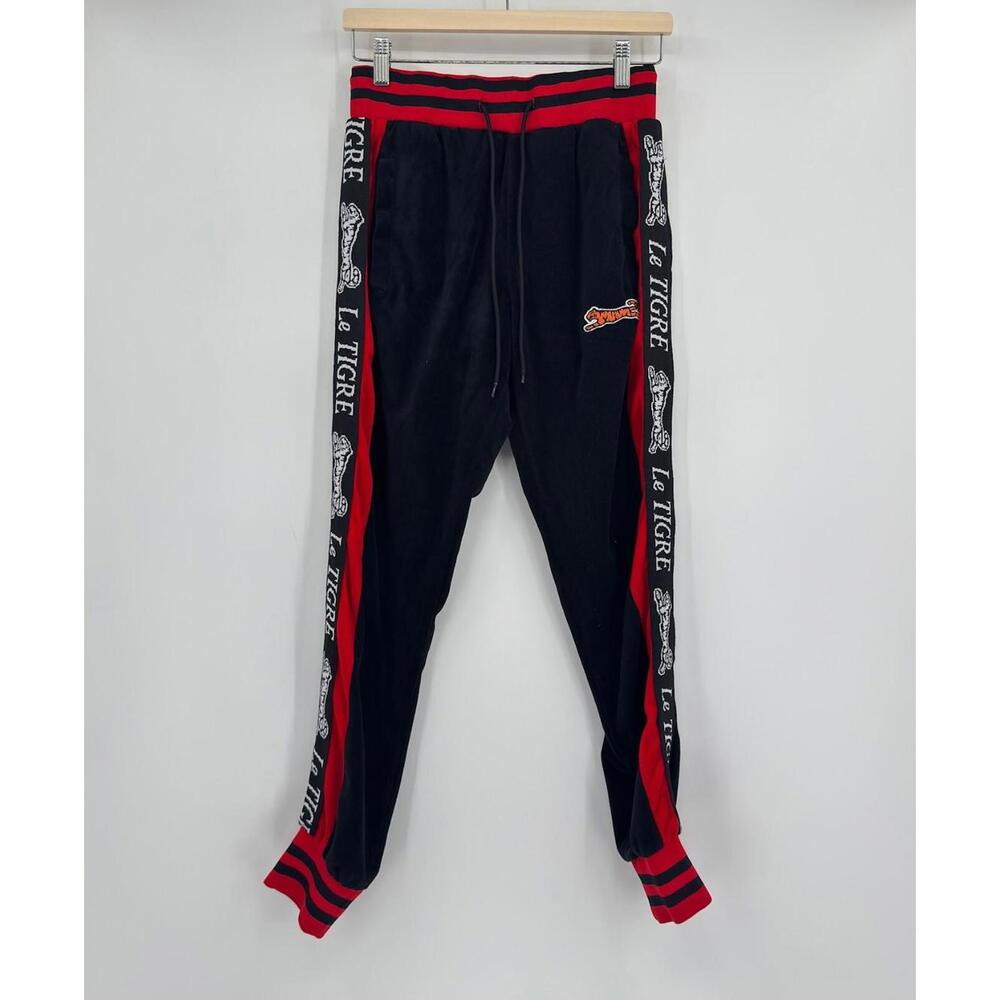 Le Tigre Mens Black Red Velvet Fleece Logo Graphic Jogger Track Sweatpants Sz S
